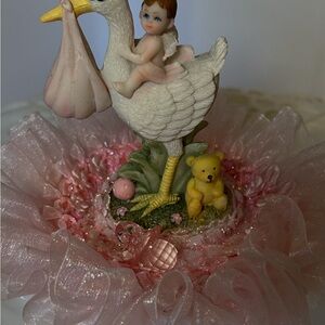 Charming Stork Figurine with Baby and Teddy